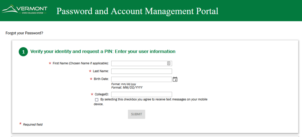 screenshot of the VSC Account Activation webpage