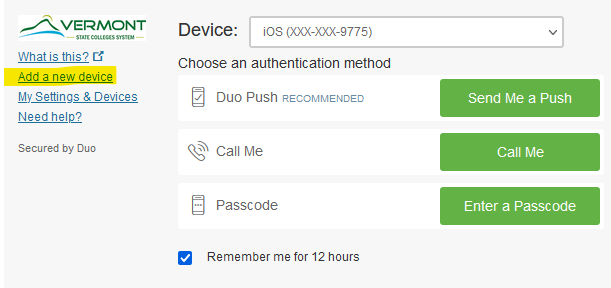 Screenshot of Duo showing where to click to add a new device