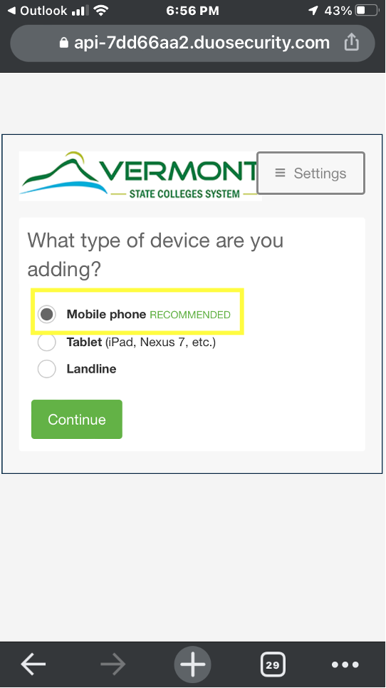 Screenshot of configuration screen: choose your device