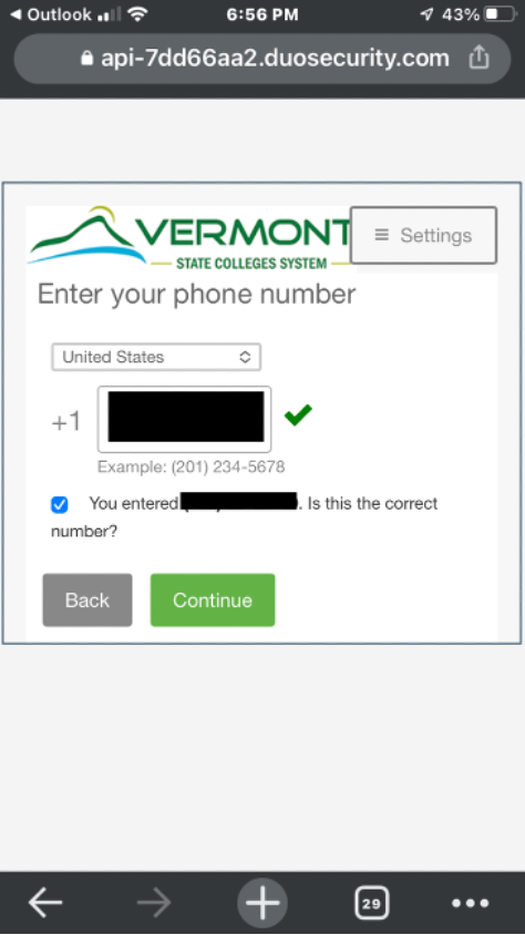 Screenshot of configuration screen: phone number verification