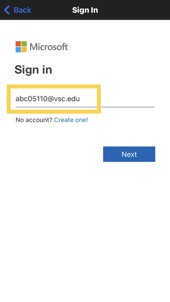 Enter UserID@vsc.edu for your email address