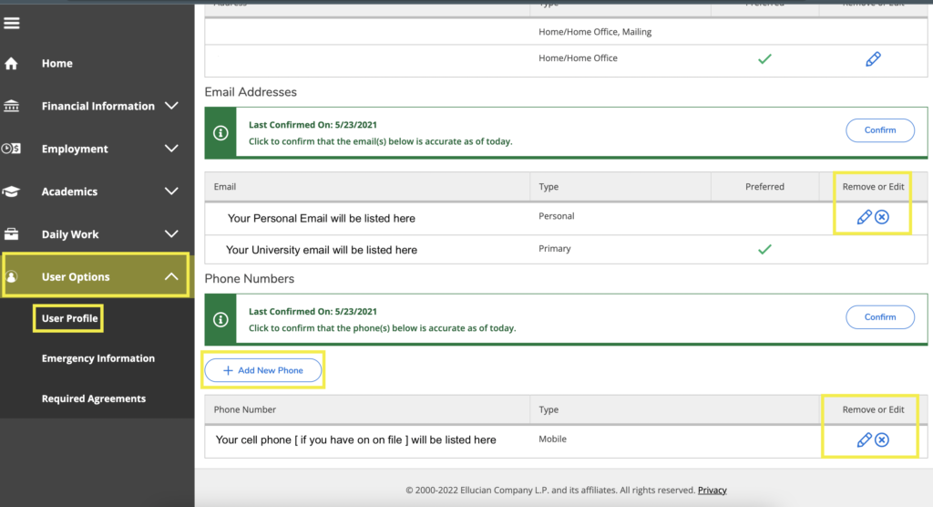 Image of where to find User Options and User Profile within Self Service. 