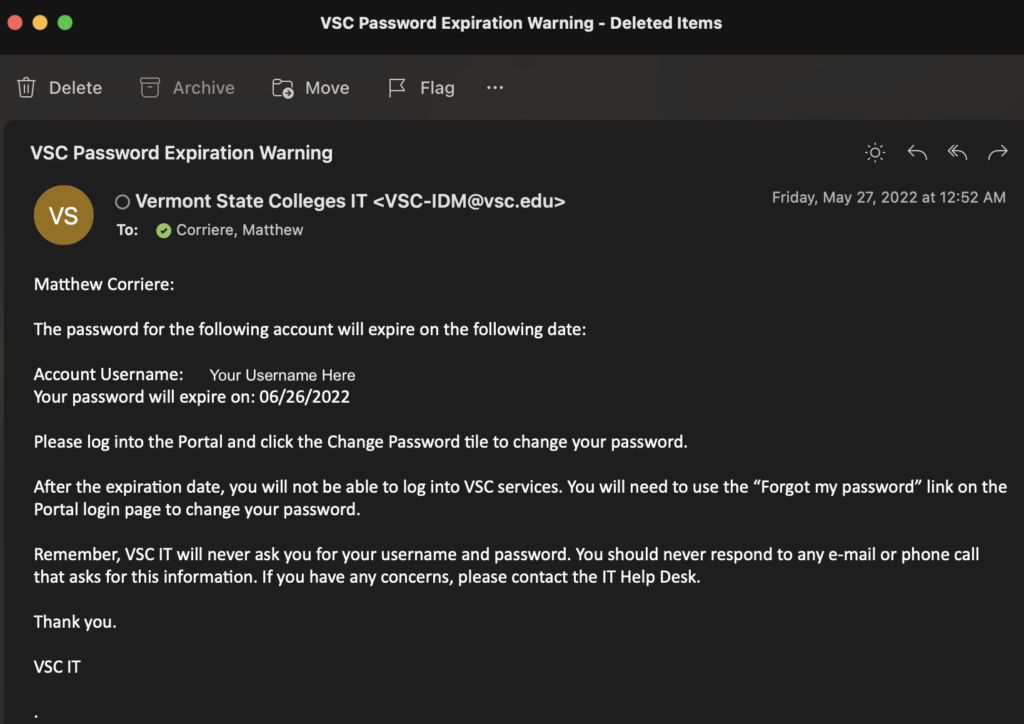 password expiration email from identity management system