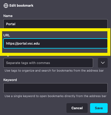 Proper URL: add https://portal.vsc.edu to URL field