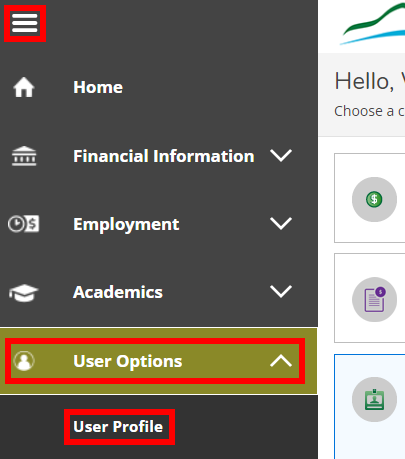 Image is a screen shot of the Menu icon (three stacked horizontal lines) and menu items User Options and User Profile circled in red