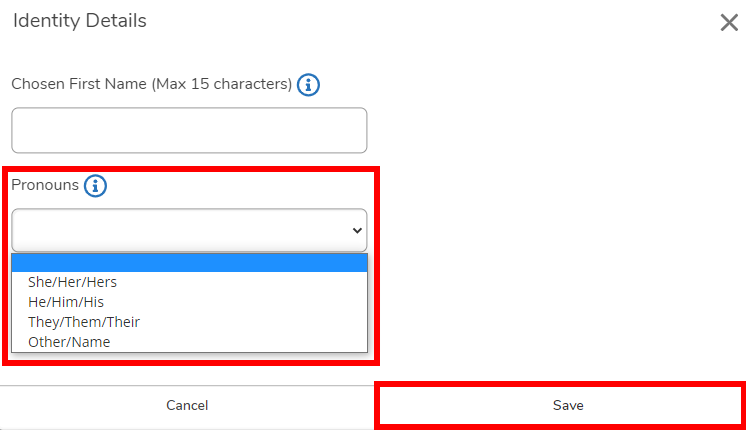 Image is a screenshot of the Identity Details in Self Service with the Pronouns drop-down field and Save button circled in red