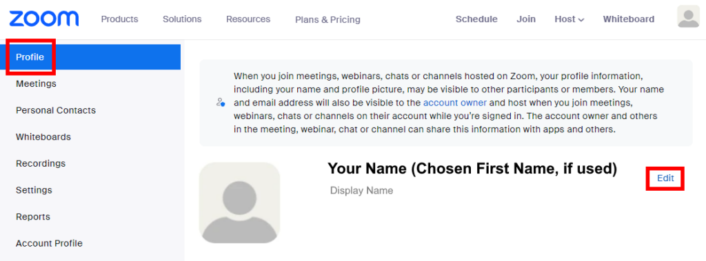 Image is a screenshot of the Zoom Profile page with Profile menu item and Edit link circled in red