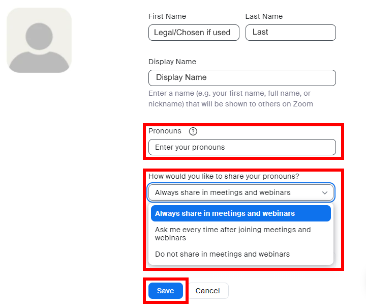 Image is a screenshot of the Zoom Profile edit screen with the Pronouns field, How would you like to share your pronouns drop down field, and Save button circled in red