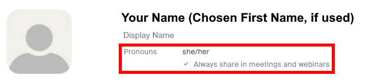Image is a screenshot of the Zoom Profile page with Pronouns and Pronoun Display preference circled in red