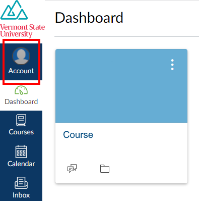 Image is a screenshot of the Canvas dashboard with Account circled in red