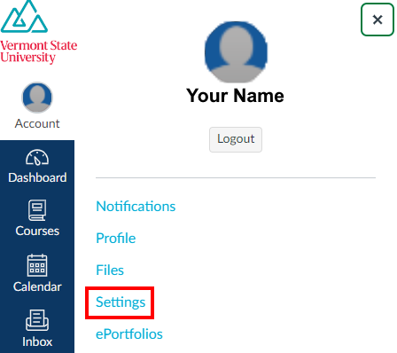 Image is a screenshot of the Canvas Account menu with the Settings option circled in red