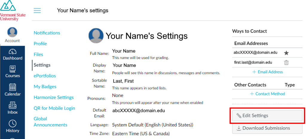 Image is a screenshot of the Canvas Account Settings with the Edit Settings button circled in red