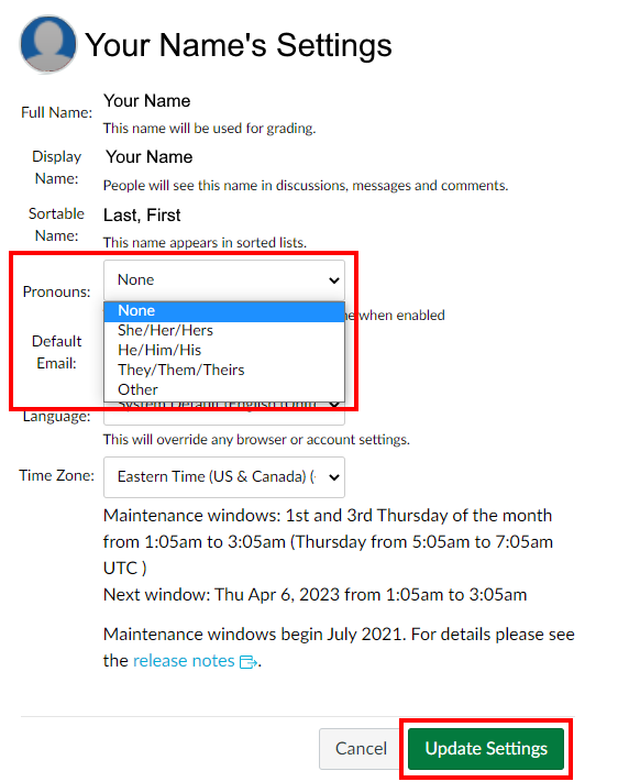 Image is a screenshot of the Pronouns drop down menu and the Update Settings button circled in red