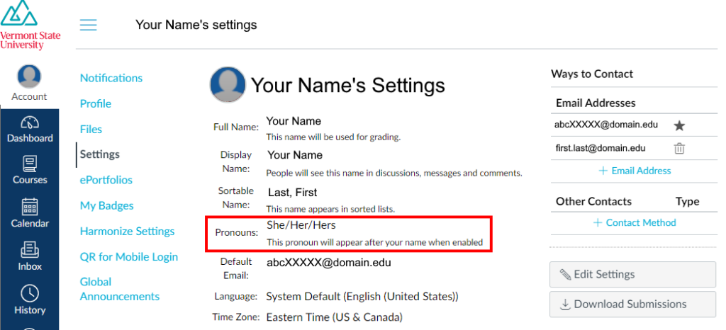Image is a screenshot of the Canvas Account Settings with the Pronouns display area circled in red