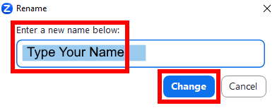 Image is a screenshot of the Rename pop up screen with the editable name field and change button circled in red