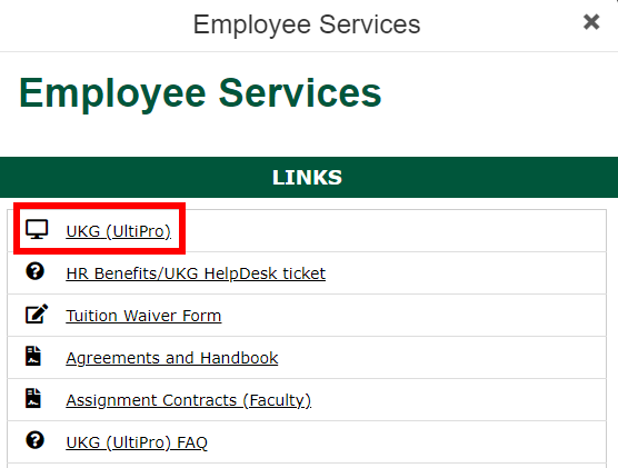 Image is a screenshot of the Employee Services menu with UKG (UltiPro) circled in red