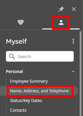 Image is a screenshot of the Myself menu in UKG with the Person Icon and the Name, Address, and Telephone menu link circled in red