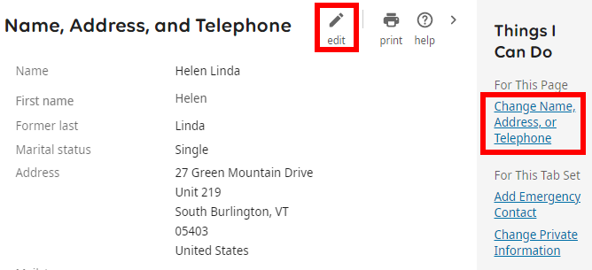 Image is a screenshot of the Name, Address, and Telephone screen with the Edit button and Change Name, Address, or Telephone link circled in red