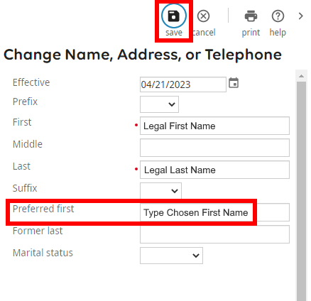 Image is a screenshot of the Change Name, Address, or Telephone Number screen with Preferred First field and Save button circled in red