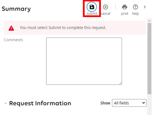 Image is a screenshot of the Summary screen with the Submit button circled in red