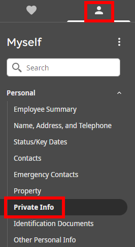 Image is a screenshot of the Myself menu in UKG with the Person icon and Private Info link circled in red