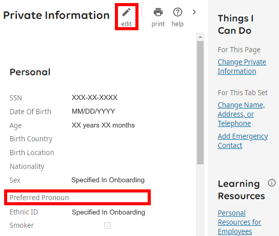 Image is a screenshot of the Private Information screen with the Preferred Pronoun field and Edit button circled in red
