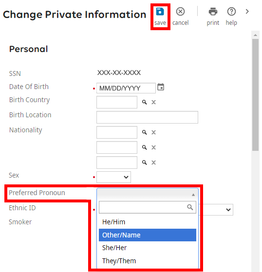 Image is a screenshot of the Change Private Information screen with Preferred Pronoun dropdown menu options and Save button circled in red
