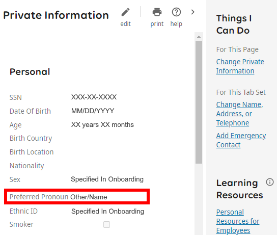 Image is a screenshot of the Private Information screen with the Preferred Pronoun field circled in red