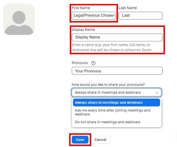 Image is a screenshot of the Zoom Profile edit screen with the First Name and Display Name fields and Save button circled in red