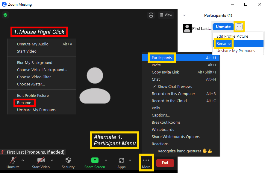Image is a screenshot of a Zoom meeting participant block with the right click menu open and Rename circled in red and the participant menu open and Rename circled in yellow