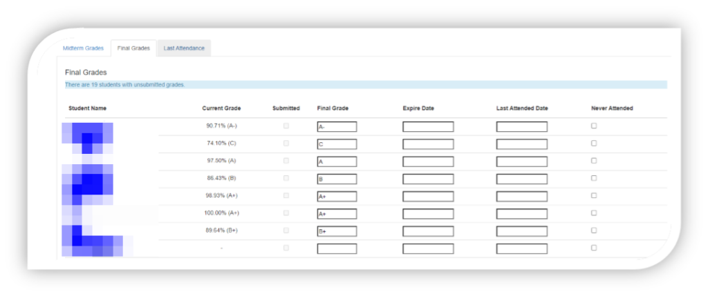 Screenshot of final grades tab