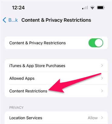 Screenshot of the iOS Settings app showing Content & Privacy Restrictions.