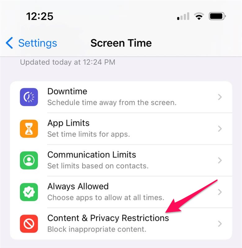 Screenshot of the iOS Settings app showing Screen Time.