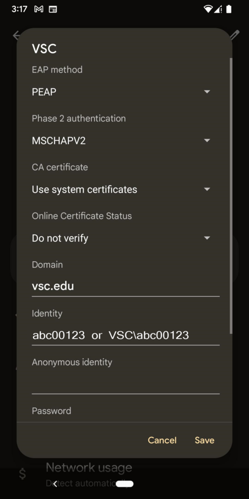 Screenshot of Android settings when connecting to the VSC network