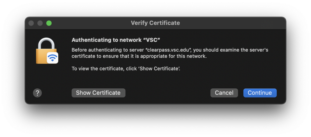 Screenshot showing the security certificate pop-up