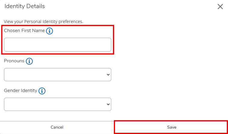 Image is a screenshot of the Identity Details screen in Self Service with the Chosen First Name field and the Save button circled in red