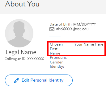 Image is a screenshot of the User Profile in Self Service with the Chosen First Name display area with Your Name Here circled in red