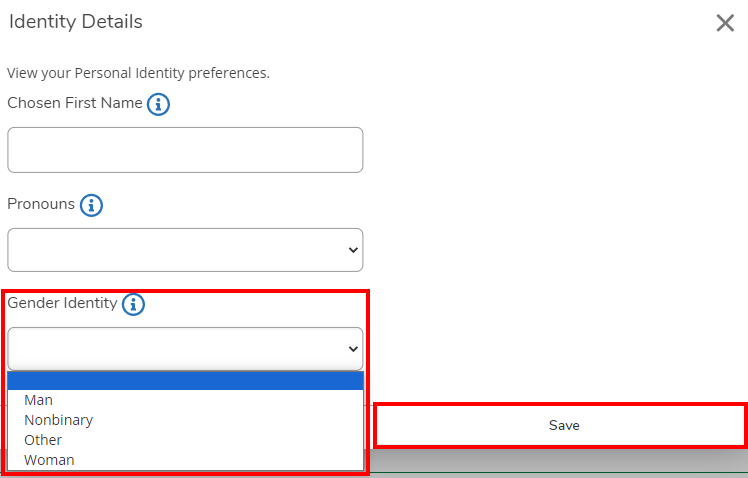 Image is a screenshot of the Identity Details screen in Self Service with the Gender Identity field and the Save button circled in red