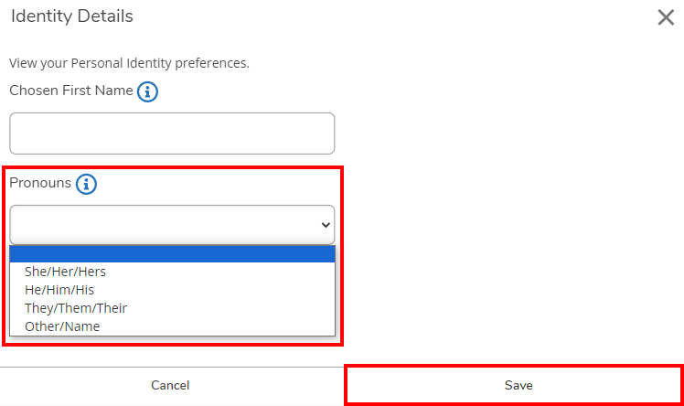 Image is a screenshot of the Identity Details screen in Self Service with the Pronouns field and the Save button circled in red