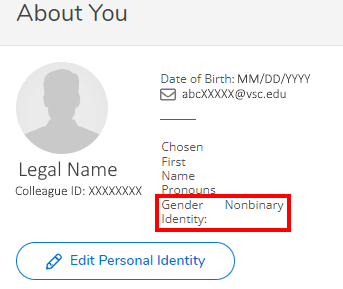 Image is a screenshot of the User Profile in Self Service with the Gender Identity display area with Nonbinary circled in red