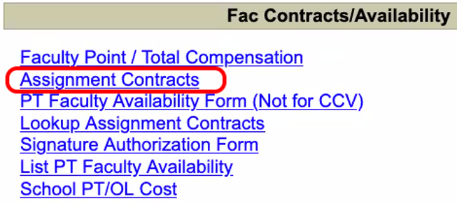 Image is a screenshot of the WebServices Faculty Contracts/Availability section with the Assignment Contracts link circled in red