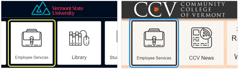 Image is a screenshot of both the VTSU and CCV Portals with the VTSU Employee Services tile circled in yellow and the CCV Employee Services tile circled in blue