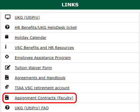 Image is a screenshot of the Employee Services button menu in the Portal menu with the Assignment Contracts (Faculty) link circled in red
