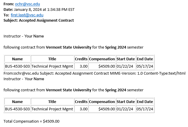 Image is a screenshot of the confirmation email text received by VTSU faculty