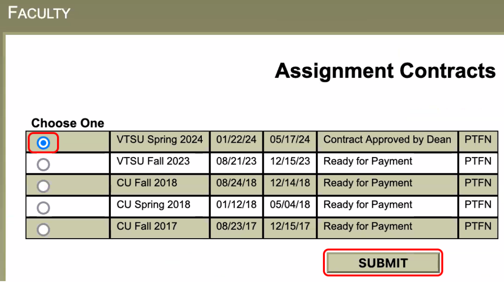 Image is a screenshot of the WebServices Assignment Contracts screen with a radio button selected and circled in red with the Submit button also circled in red