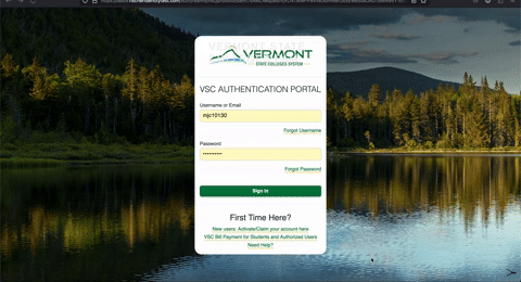 Image of VSC login page with username and password fields