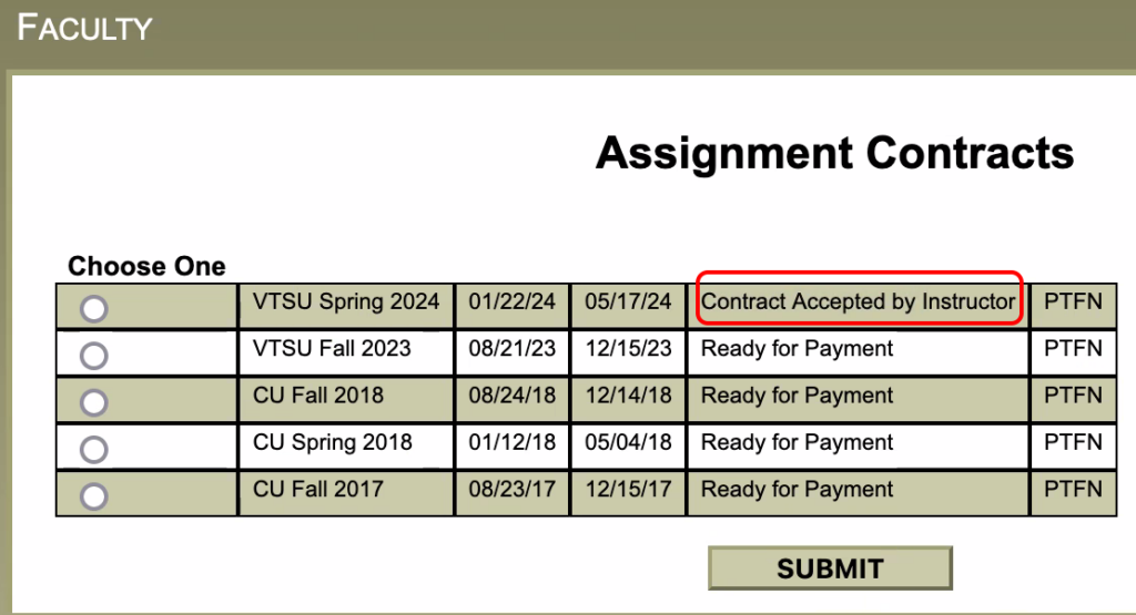 Image is a screenshot of the WebServices Assignment Contracts screen with the status circled in red
