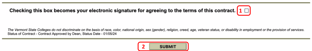 Image is a screenshot of an contracts in WebServices with the signature check box circled in red with the number 1 the the Submit button circled in red with the number 2