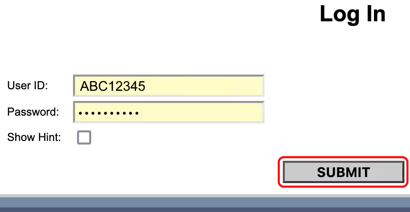 Image is a screenshot of the WebServices login screen with the User ID filled with example login ABC12345 and the Submit button circled in red