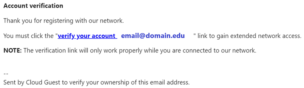 Screenshot showing an example verification email and the "verify your account" link. 